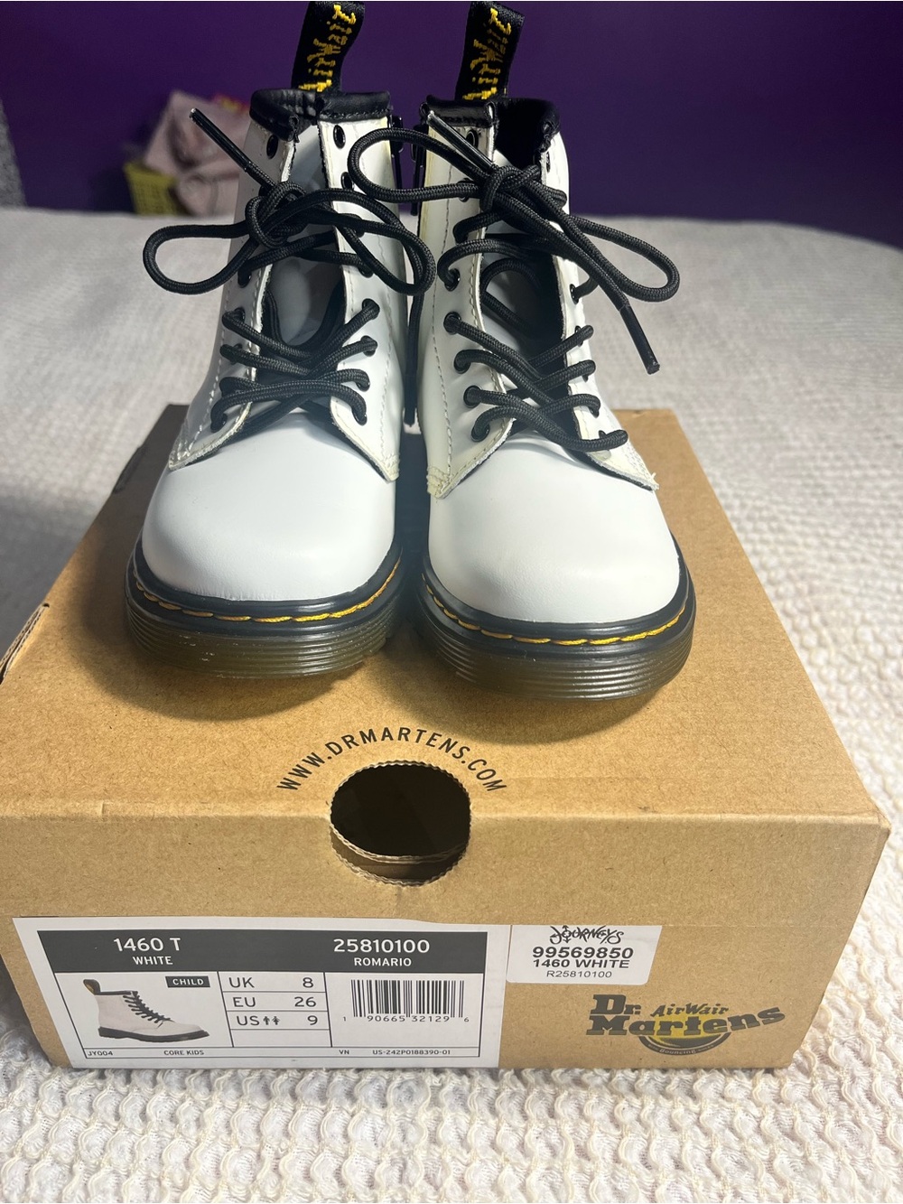 Dr. Martens Kids White Leather Lace-Up Boots with Black Laces